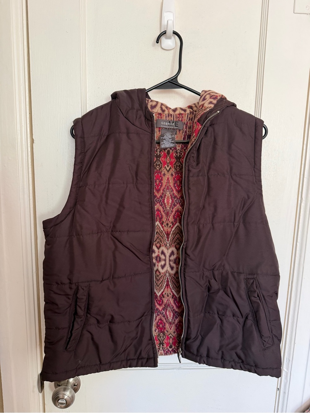 George Me by Mark Eisen Brown Quilted Hooded Vest w/ Pattern Lining. Size M